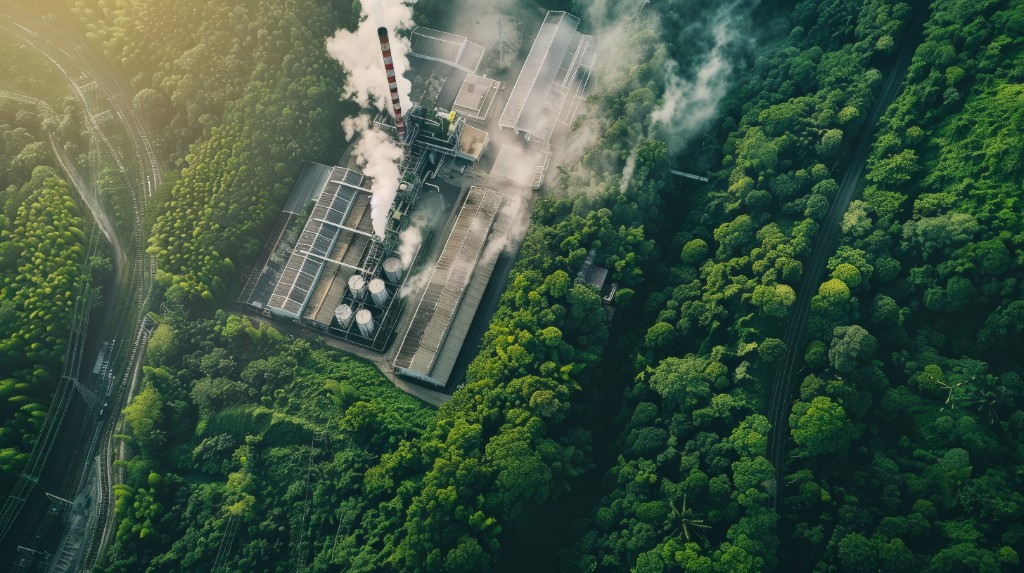Aerial view of a factory in a dense forest with a smoking chimney
