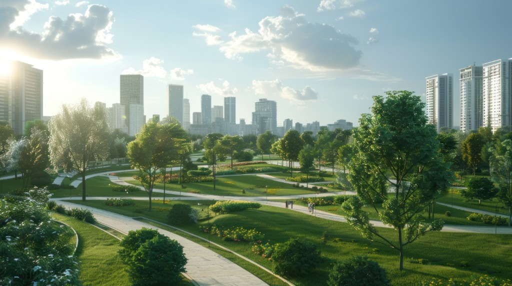 Urban park with winding paths and greenery in front of a modern city skyline