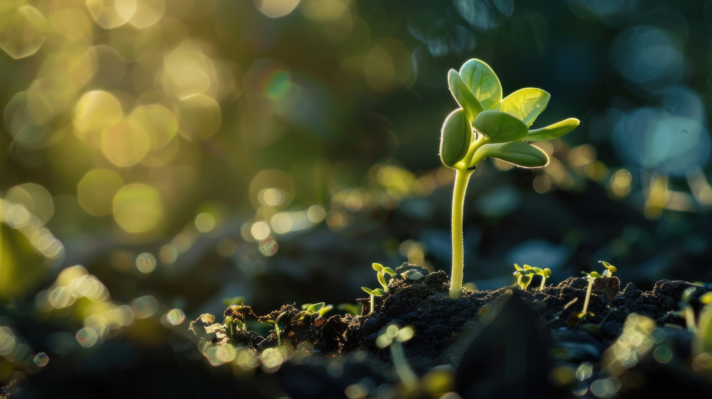 Young green plant sprouting from soil in warm natural light