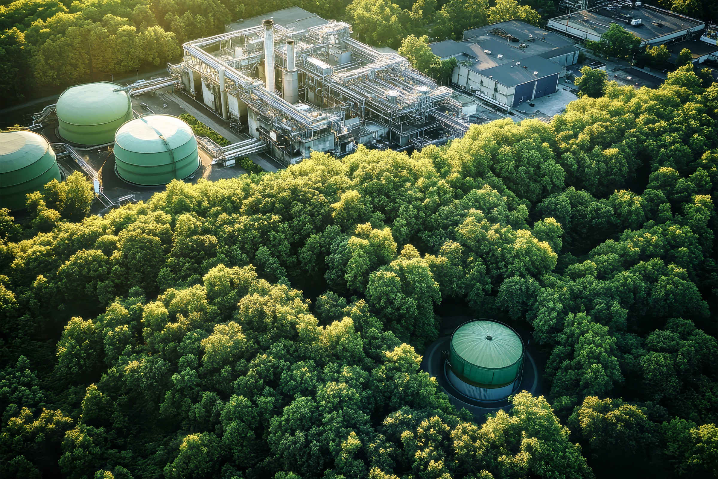 Aerial view of a green energy facility surrounded by dense forest