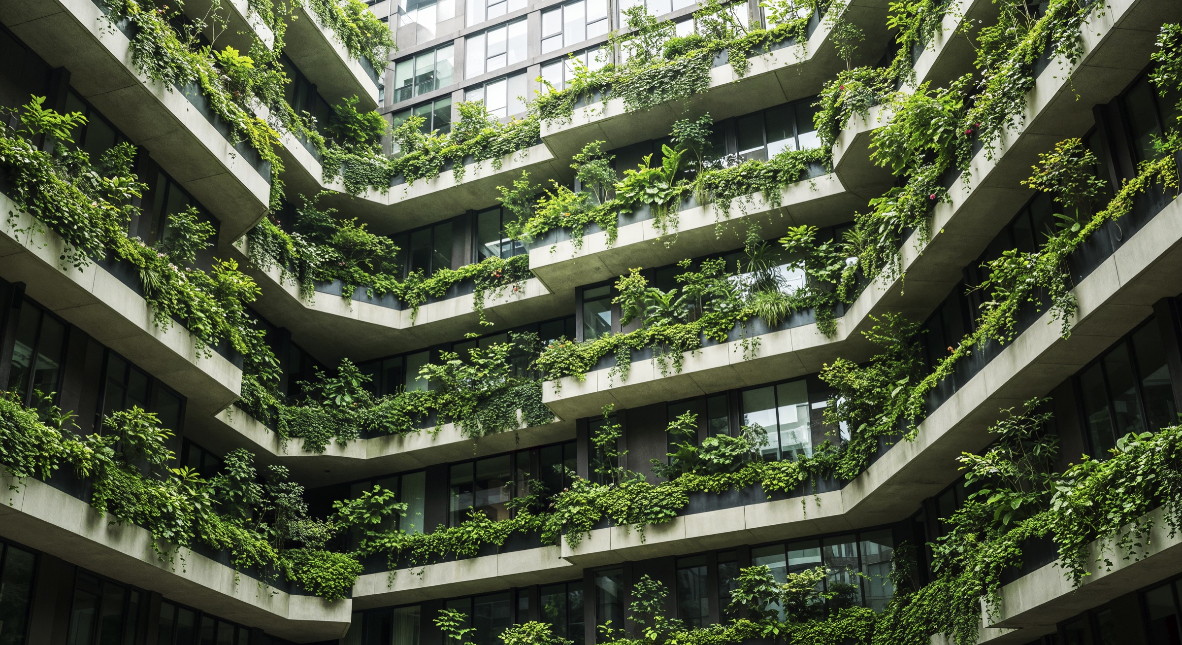 Modern building with lush vertical gardens across its balconies